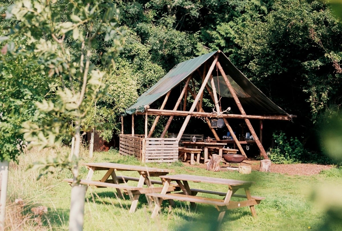 Camp dining area set into the woodland edge